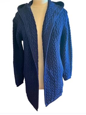 The Irish store Aran Midnight Blue Herringbone Shawl Hooded cardigan Size M